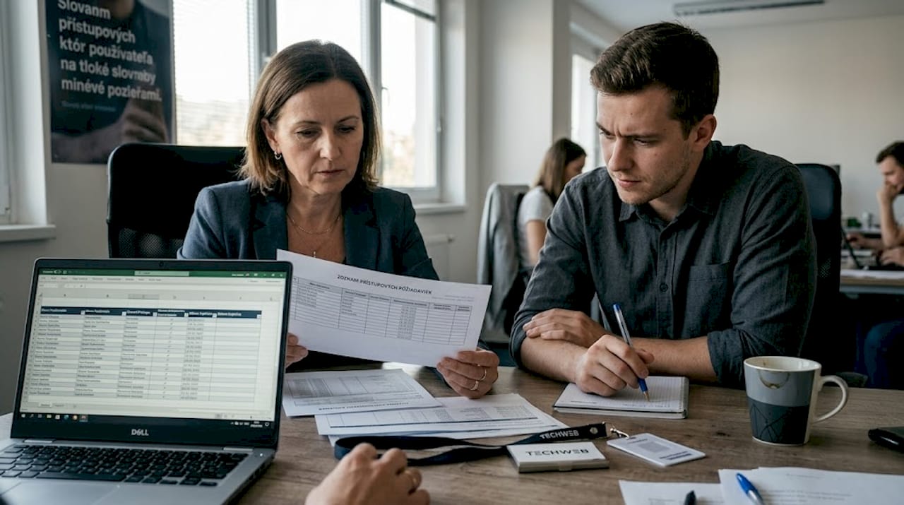 Manažéri si spoločne prechádzajú dokumentáciu týkajúcu sa prístupových práv.