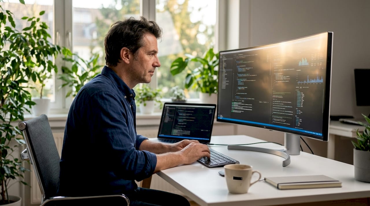 Muž pracuje z domu na vývoji digitálnych vyhľadávacích technológií.