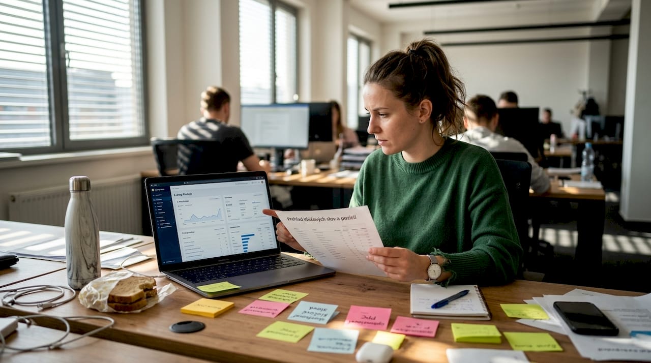 Žena si pri pracovnom stole prezerá výsledky SEO a predajné štatistiky, aby mohla lepšie vyhodnotiť úspešnosť marketingových kampaní.