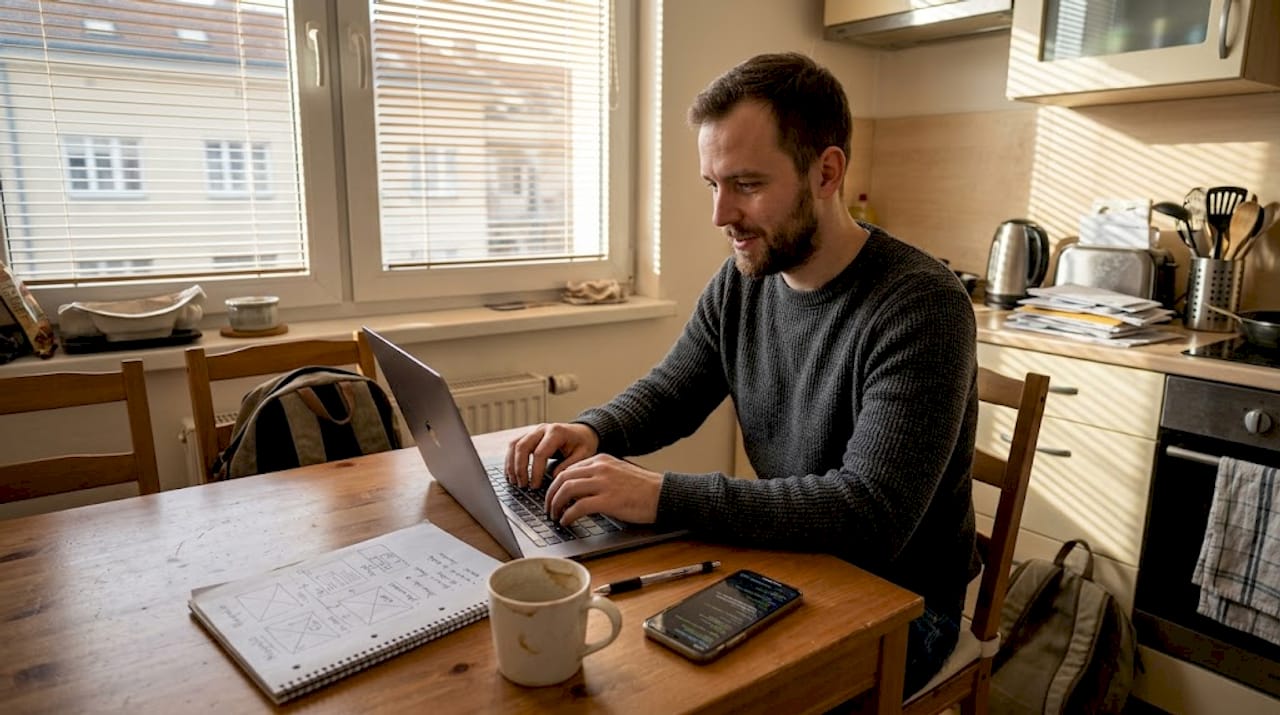 Webový vývojár začína pracovať na novom projekte svojej webstránky priamo z pohodlia domova.