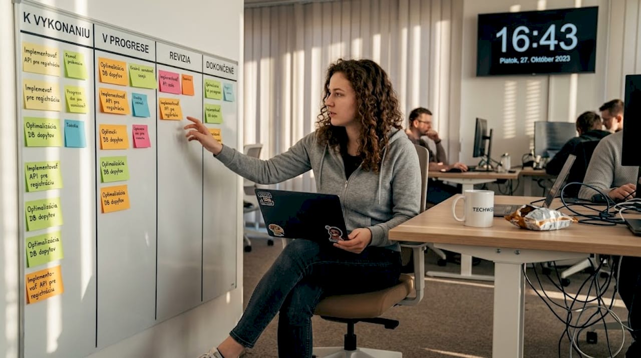 Vývojár si v kancelárii prezerá Kanban tabuľu a kontroluje stav jednotlivých úloh.