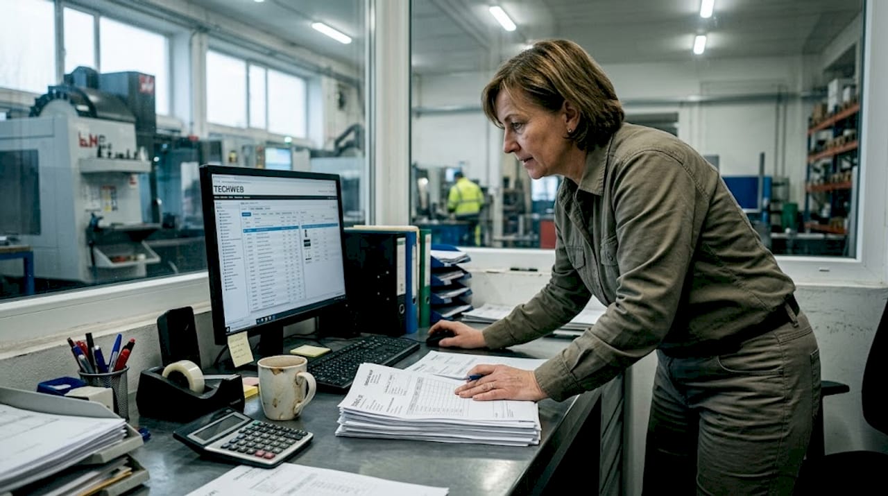 Vedúci výroby si pri pracovnom stole kontroluje aktuálne objednávky na počítači.