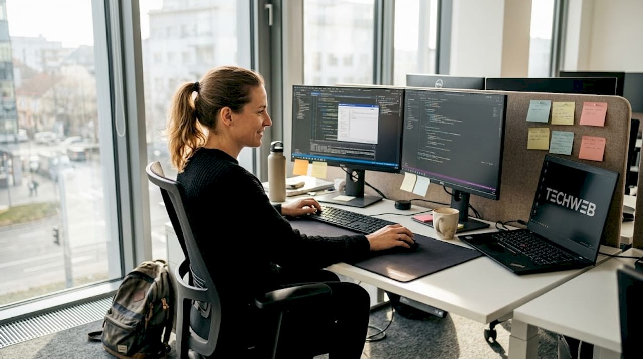 Programátor upravuje firemný softvér priamo pri svojom pracovnom stole.