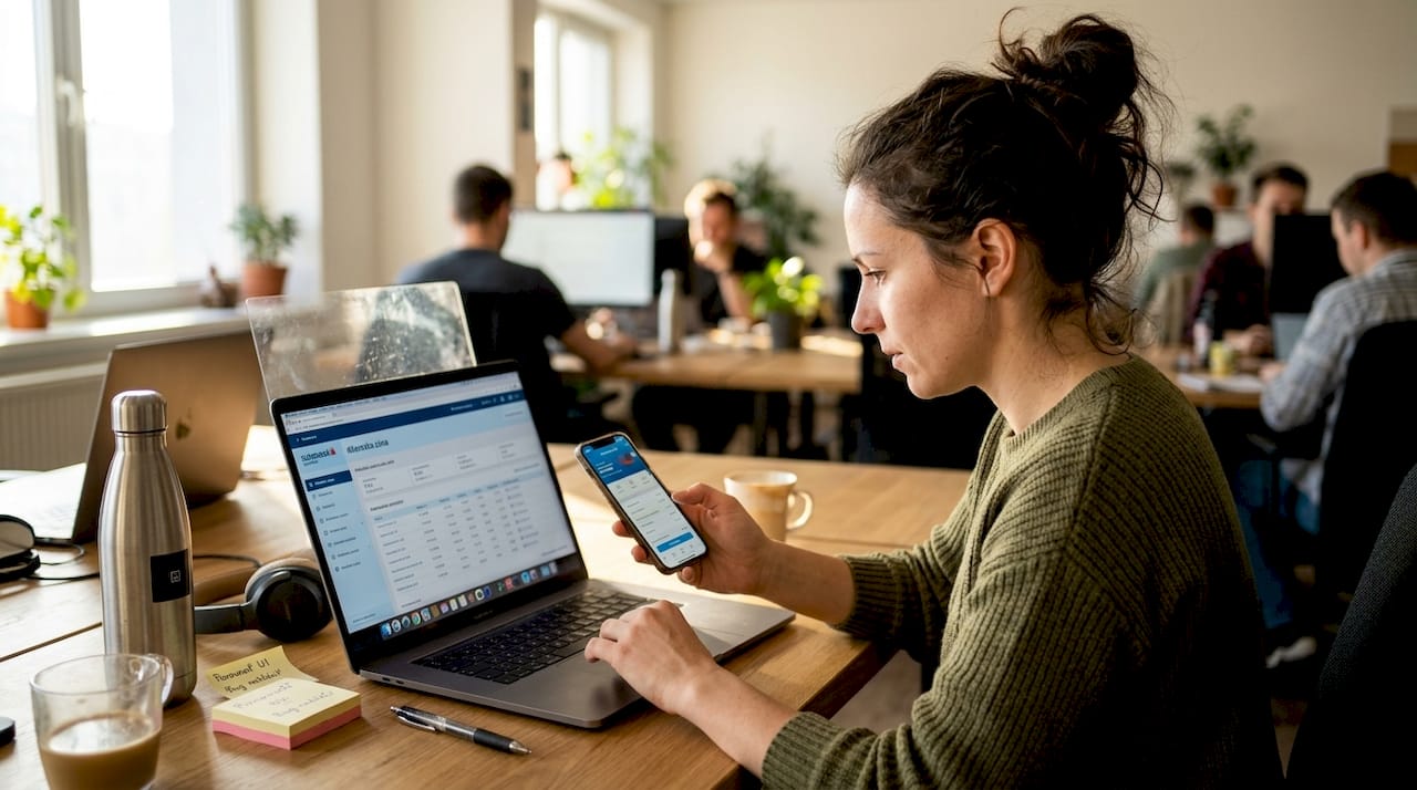 Žena porovnáva webové aplikácie s mobilnými – zvažuje, ktorá jej bude viac vyhovovať.