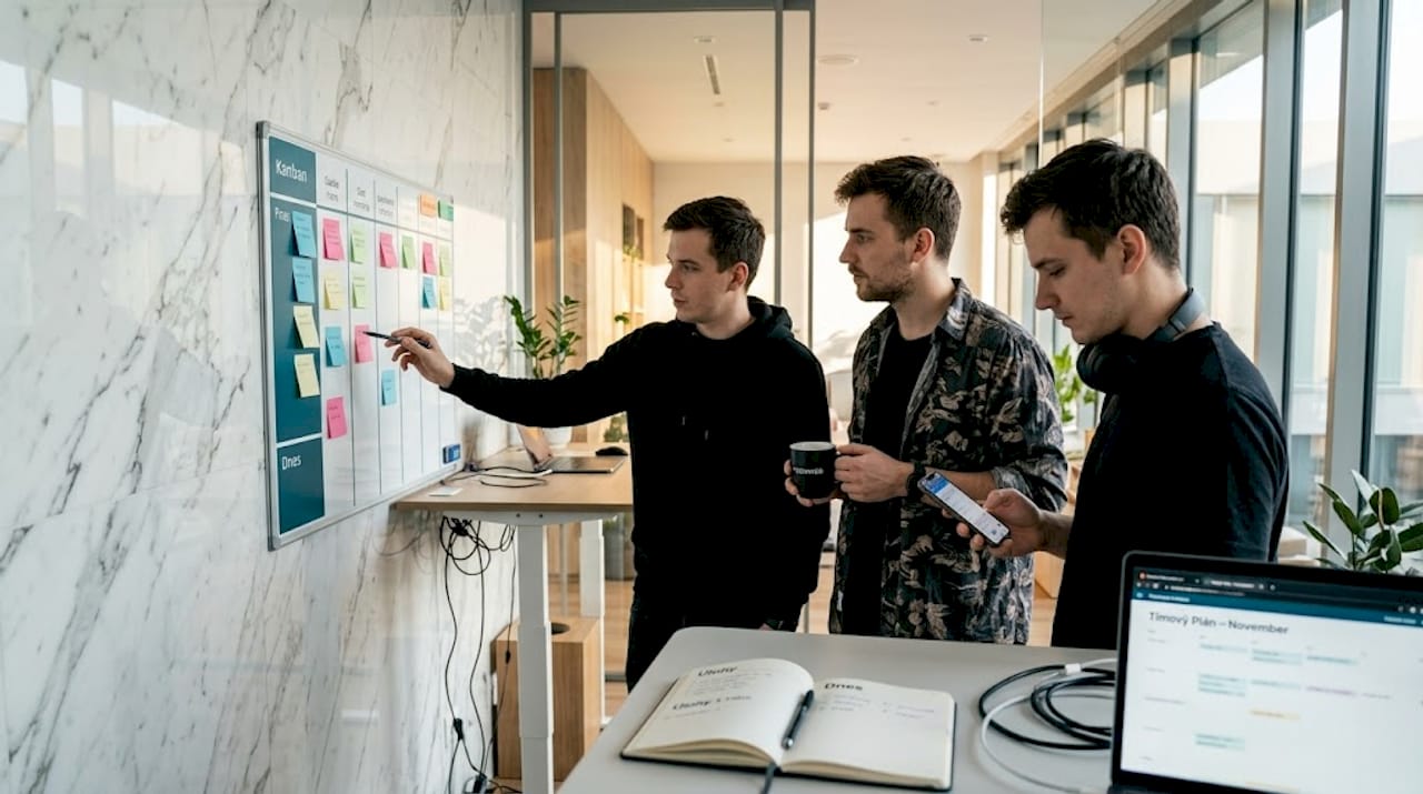 Ranný tímový meeting pri Kanban tabuli v kancelárii