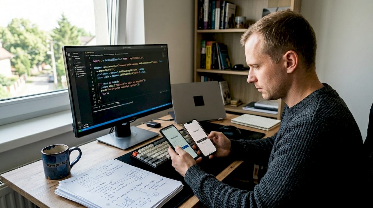 Vývojár skúša hybridnú aplikáciu na dvoch zariadeniach naraz.