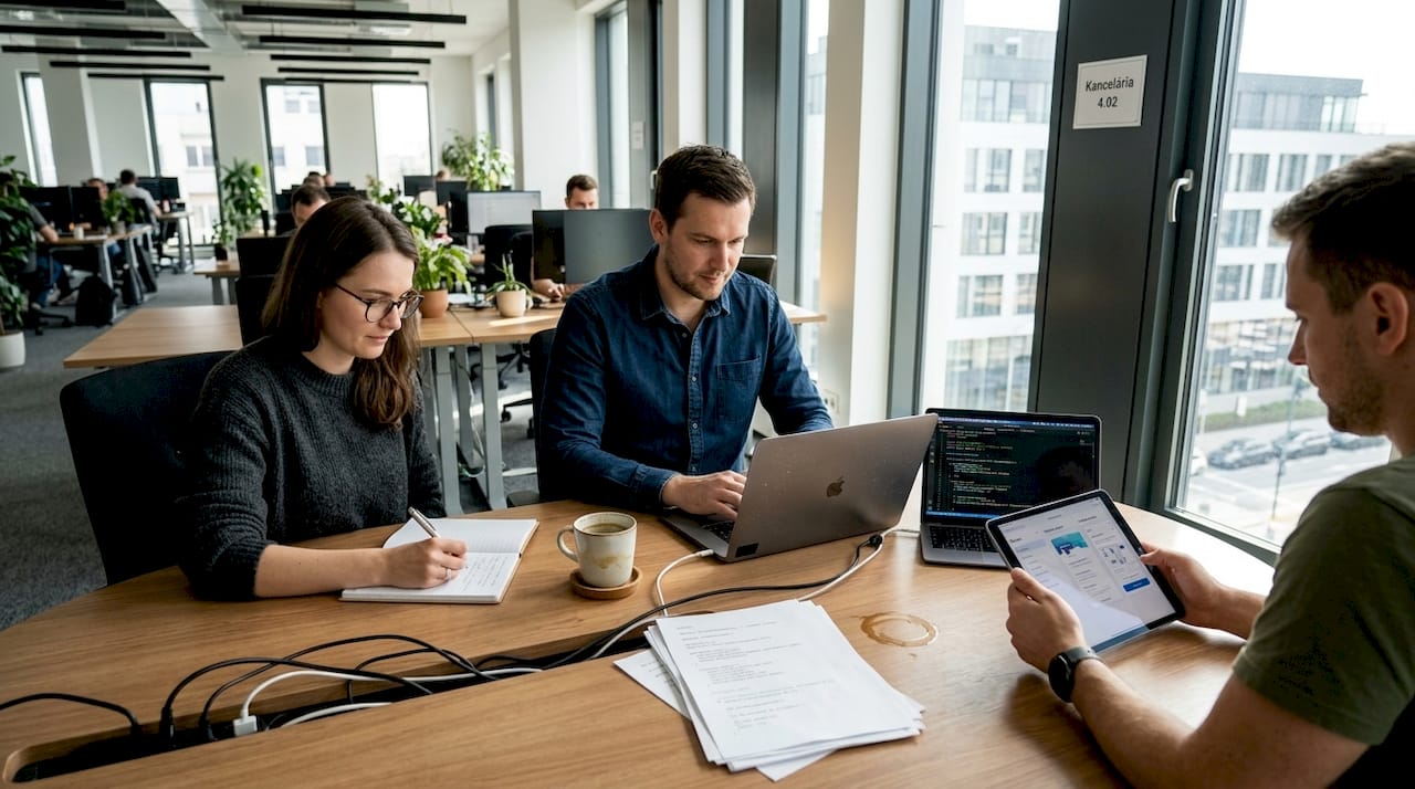 Development team collaborating at shared table