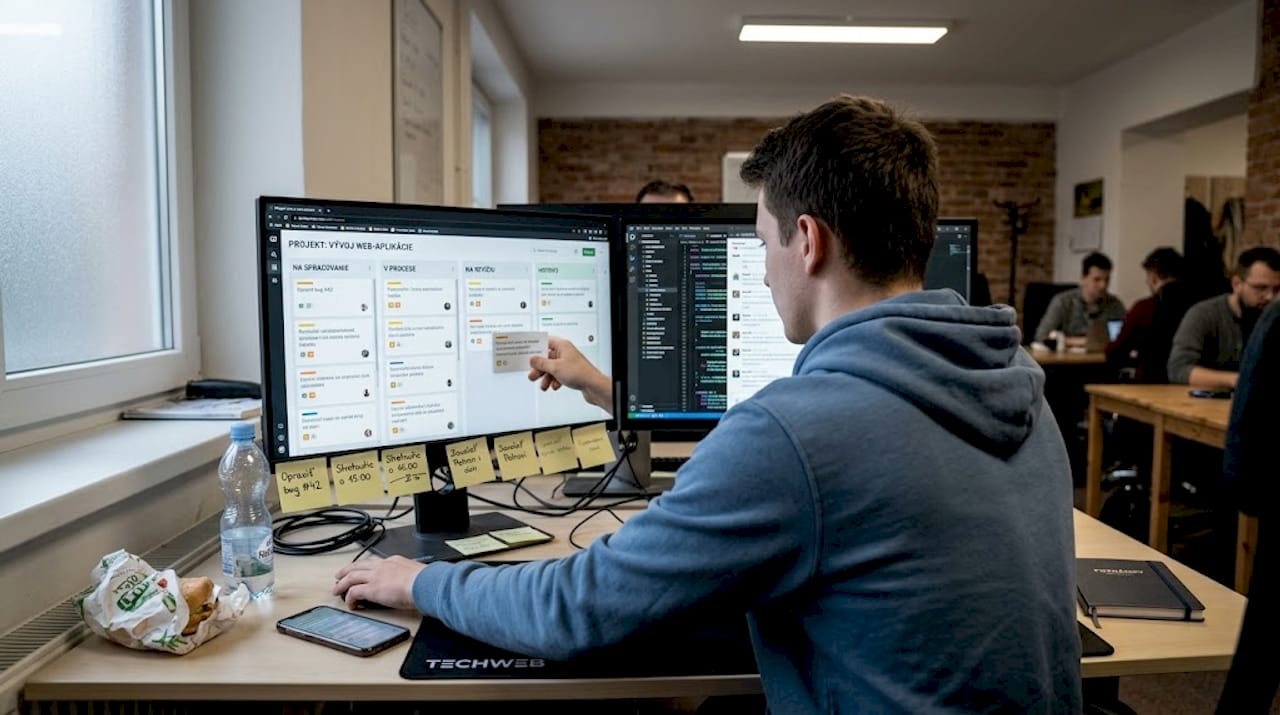 Vývojár, ktorý pracuje s agilnými nástrojmi na riadenie projektov