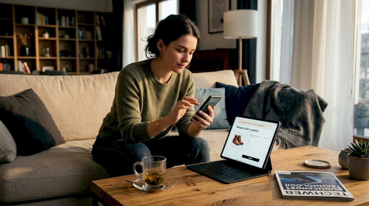 Zákazník sedí doma pred počítačom a váha, či dokončiť objednávku v online obchode.
