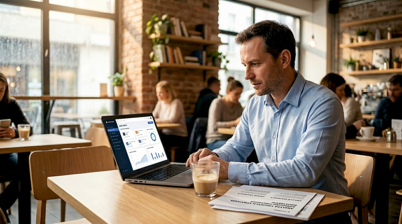 Podnikateľ skúša novú digitálnu službu priamo pri svojom pracovnom stole.