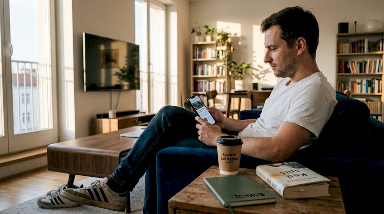 Muž si doma prezerá internet na mobile.