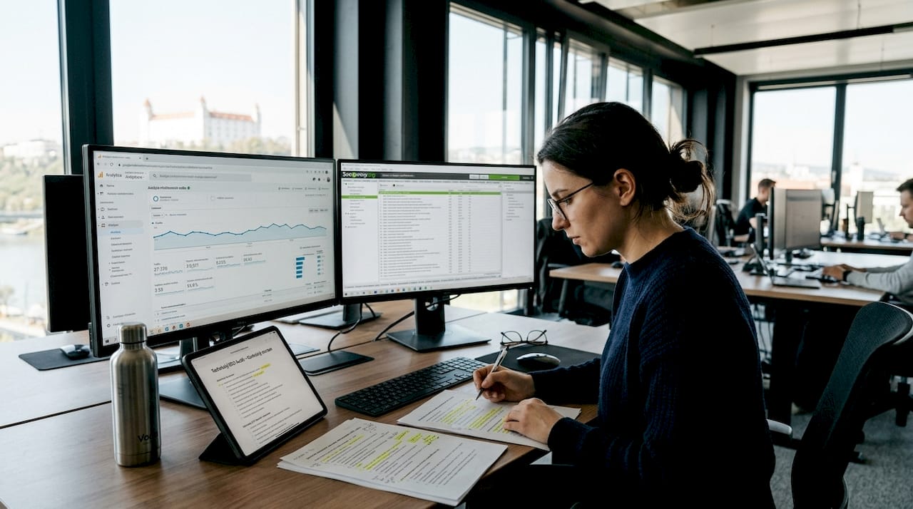 Online marketér analyzuje SEO webovej stránky priamo vo svojej kancelárii.