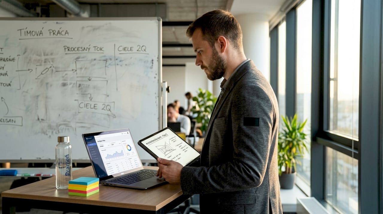 Analytik porovnáva údaje na notebooku a tablete