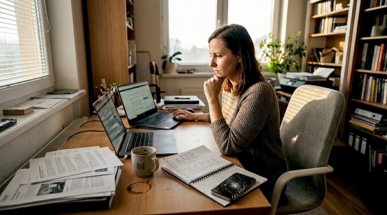 Podnikateľka si za pracovným stolom prechádza rôzne možnosti, ako rozbehnúť svoj internetový obchod.
