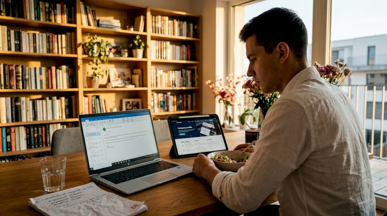Muž spravuje a zosúlaďuje online profily svojej firmy, aby boli aktuálne a jednotné.