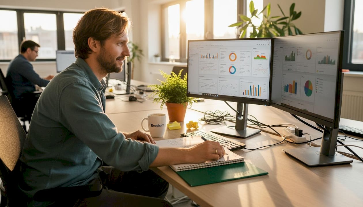 Marketingový analytik analyzuje dáta z webu pri svojom pracovnom stole.