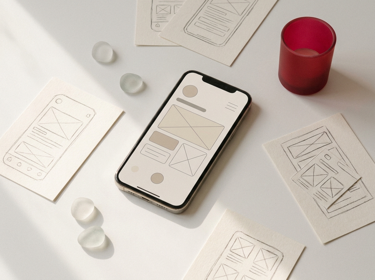 UX dizajn mobilnej aplikácie — Figma wireframy na ploche, teplé svetlo