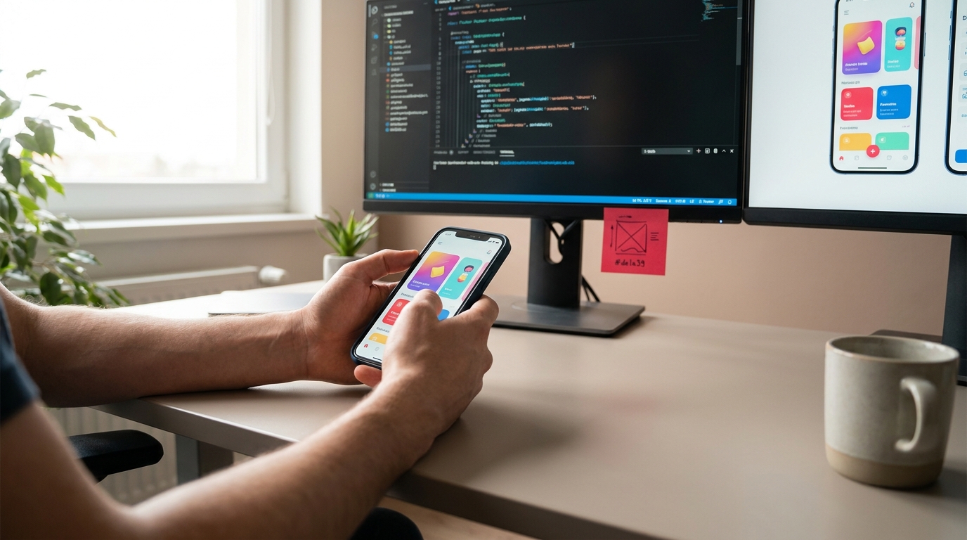 Tvorba mobilnej aplikácie — developer pracuje na smartphone UI dizajne