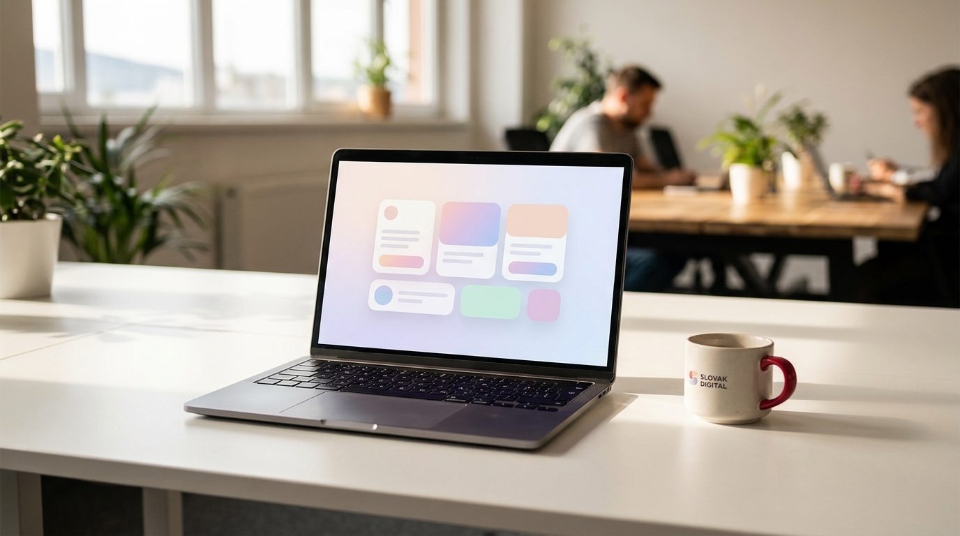 Headless CMS dashboard na laptope v modernej kancelárii