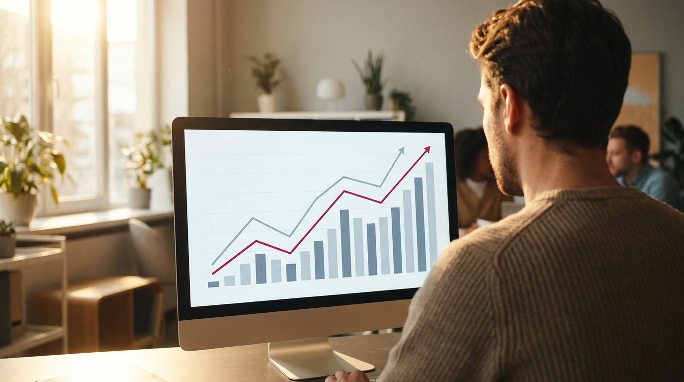 Tím TechWeb prezentuje SEO výsledky klientovi — nárast organickej návštevnosti na monitore