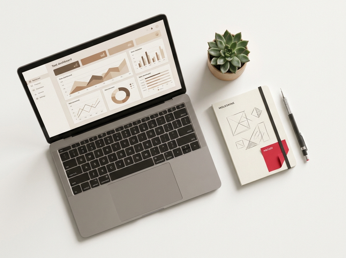 Testovací framework — flat-lay s notebookom a testovacou dokumentáciou