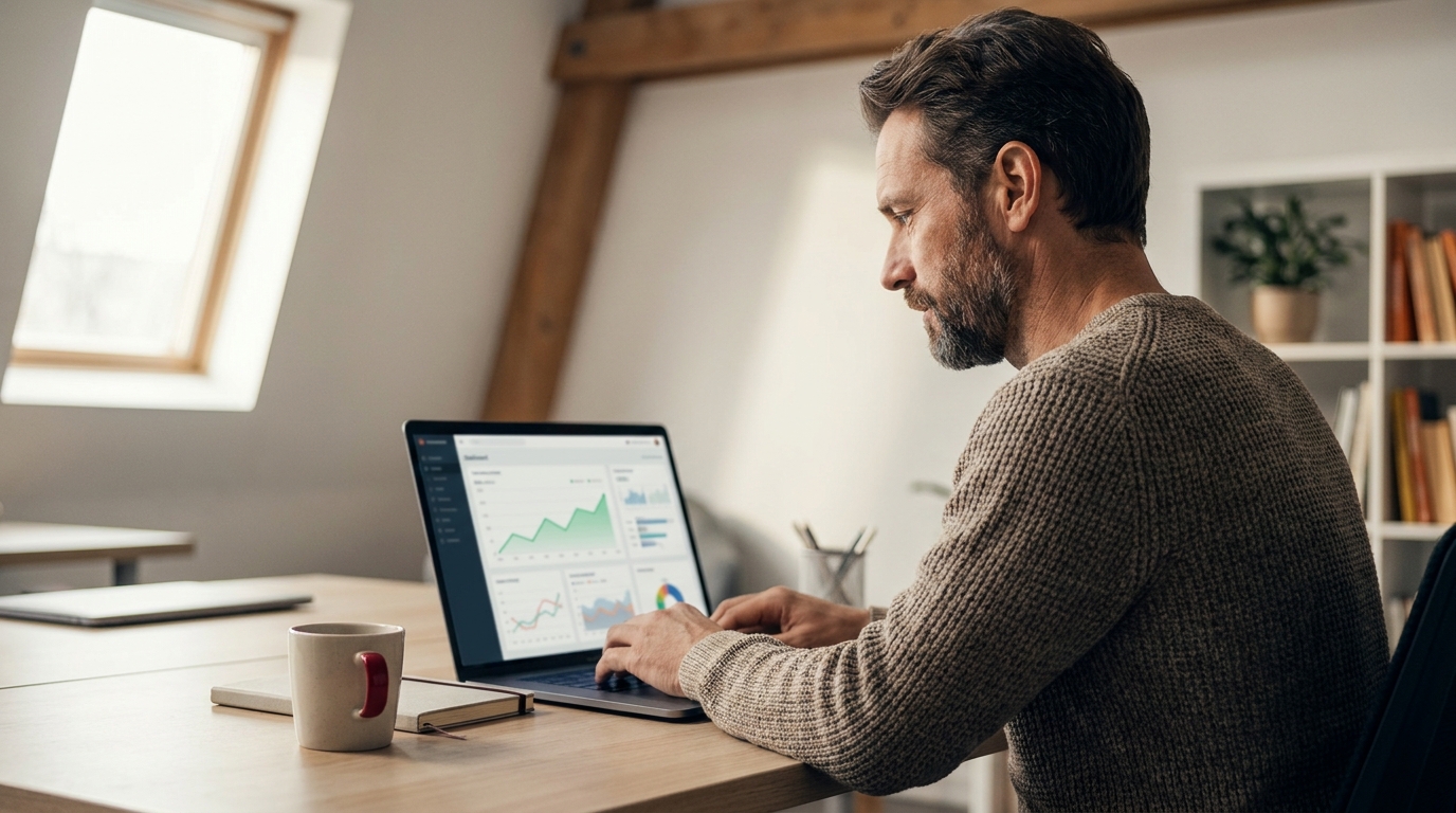 Analytik pracuje na SEO optimalizácii webstránky na laptope s dátami na obrazovke