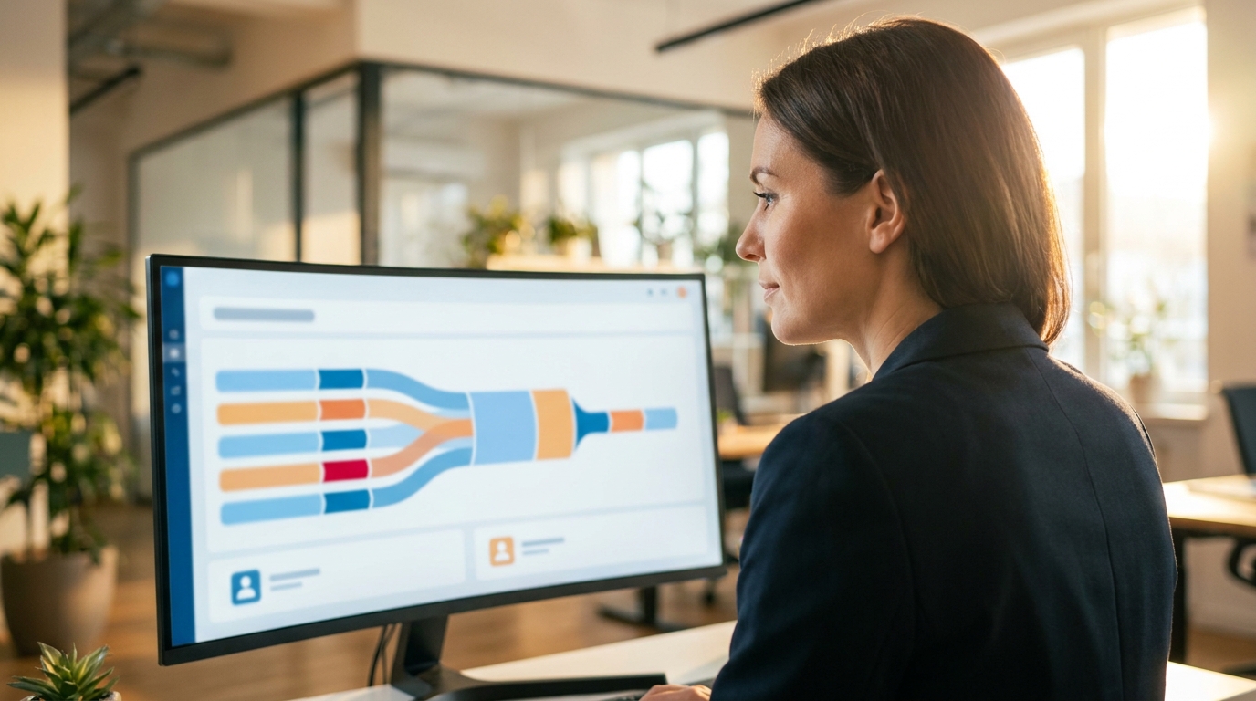 Klient TechWeb pracuje s CRM dashboardom na notebooku