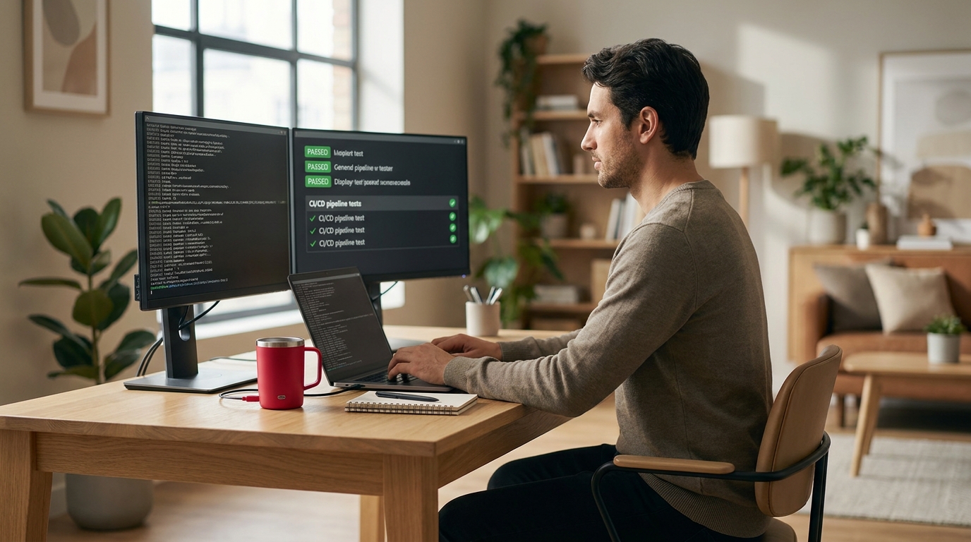Automatizované testovanie webu — developer sleduje výsledky testov na monitore